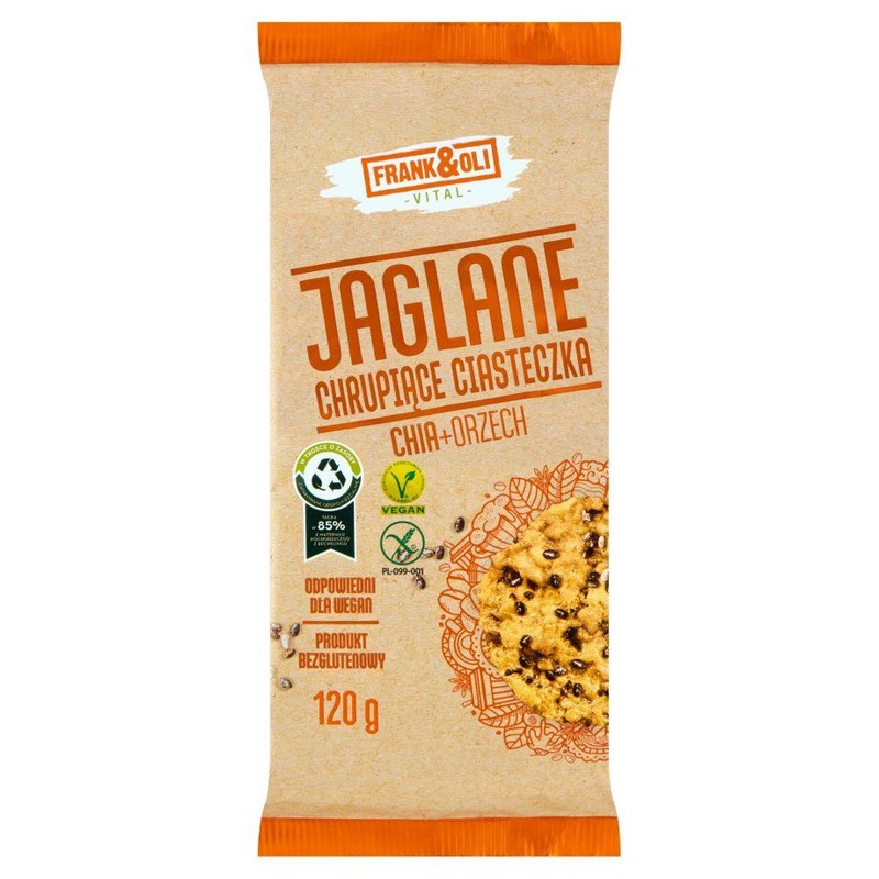 Ciastka wegańskie, bezglutenowe, bez laktozy jaglane z dodatkiem orzecha ziemnego i nasion szałwii hiszpańskiej „Chia" (Salvia hispanica).  Frank&Oli 120 g