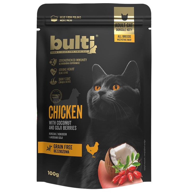 Karma mokra dla kotów kurczak z kokosem i jagodami goji Bulti 100 g