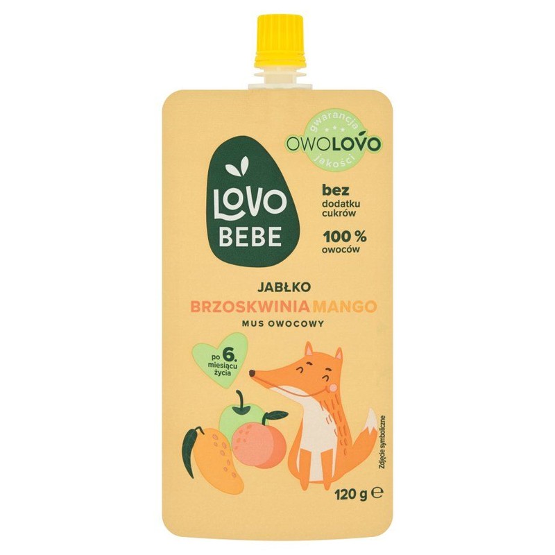 Mus owocowy jabłko, brzoskwinia, mango po 6 miesiącu Owolovo 120 g