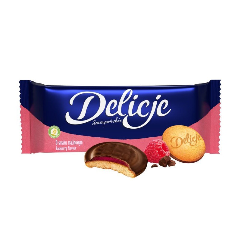 Biszkopty z galaretką o smaku malinowym oblane czekoladą  Delicje 147 g
