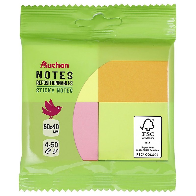Karteczki samoprzylepne 4 kolory 50x40mm  Auchan 200 sztuk