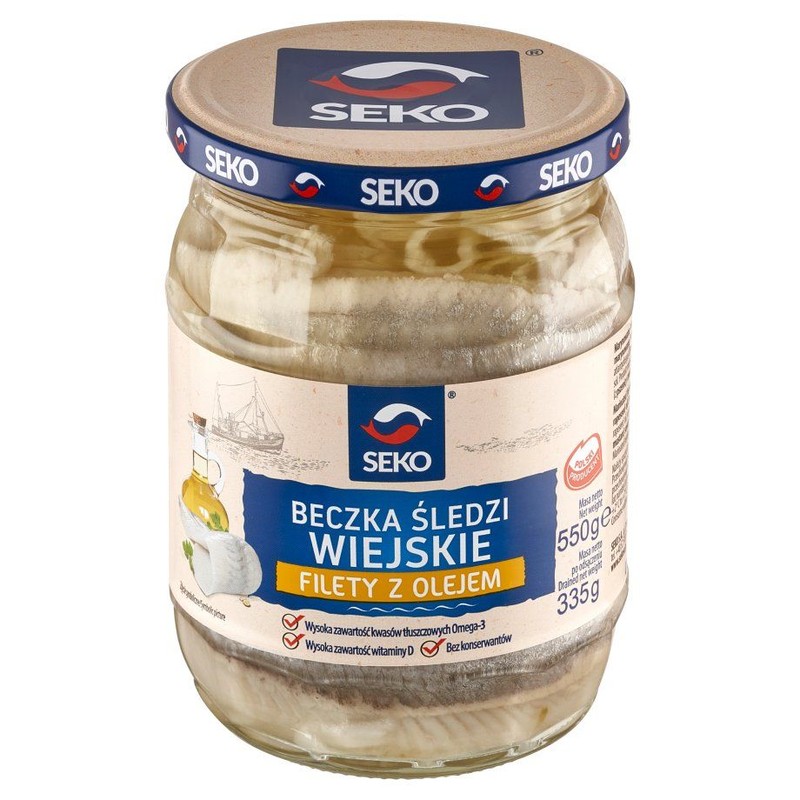Beczka śledzi filety z olejem wiejskim Seko 550g