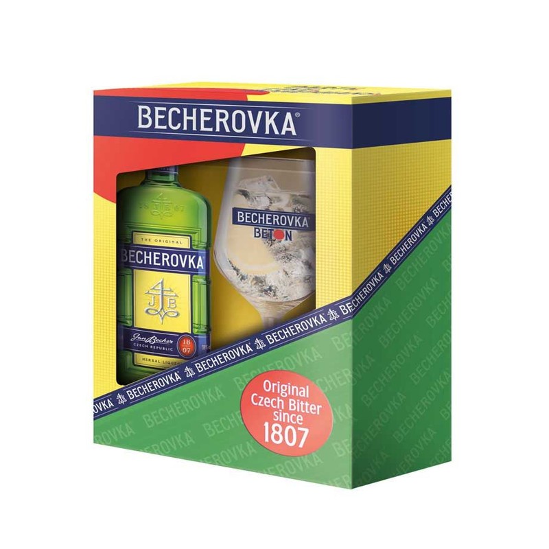Zestaw Likier czeski ziołowy alk. 38,0% obj. + Kieliszek Becherovka  500 ml