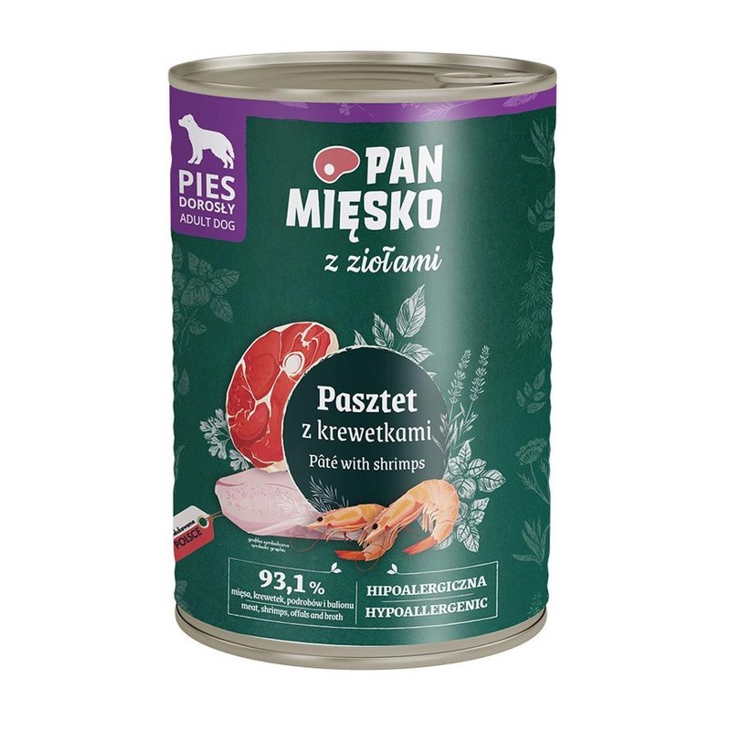 Karma mokra dla psa z Ziołami Pasztet z krewetkami   Pan Mięsko 400 g