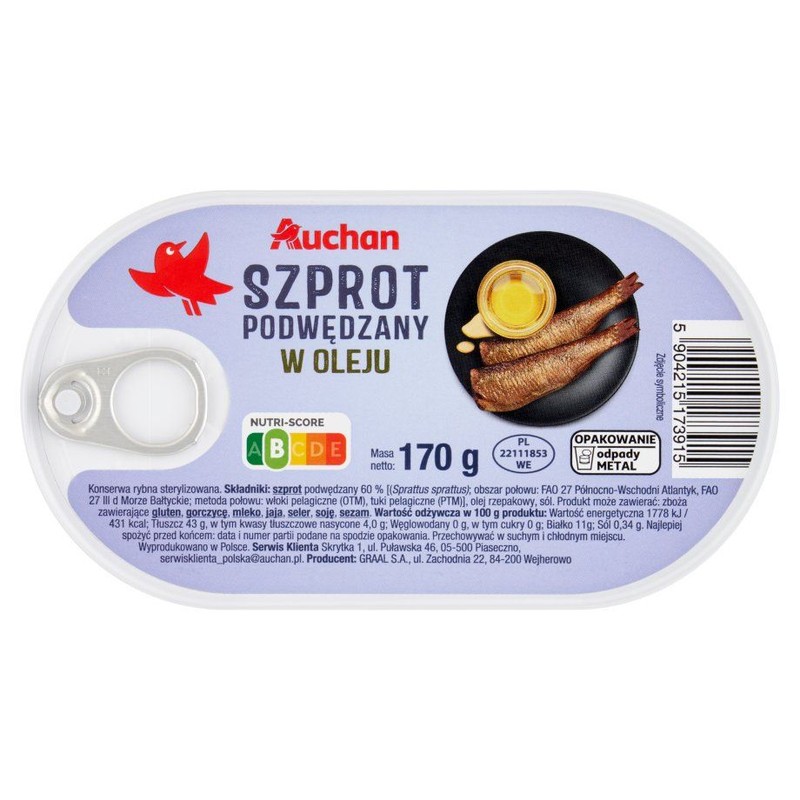 Szprot podwędzony w oleju   Auchan 170 g