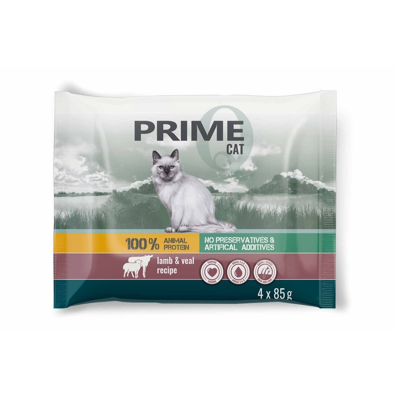 Karma mokra dla kotów bogata w jagnięcinę z indykiem i cielęcinę z królikiem PRIME 4 x 85 g