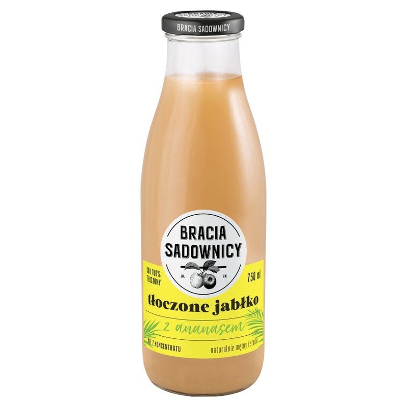 Sok jabłkowo-ananasowy, tłoczony z całych owoców. Wzbogacony w witaminę C. Pasteryzowany. Nie z koncentratu.  Bracia Sadownicy 750 ml
