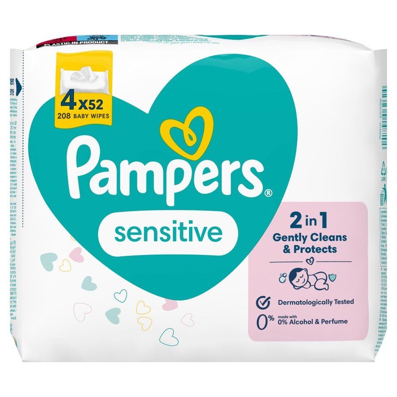 Sensitive chusteczki nawilżane dla niemowląt Pampers 4 x 52 sztuki