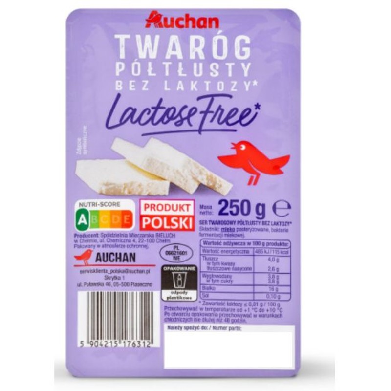 Twaróg półtłusty bez laktozy Auchan 250 g