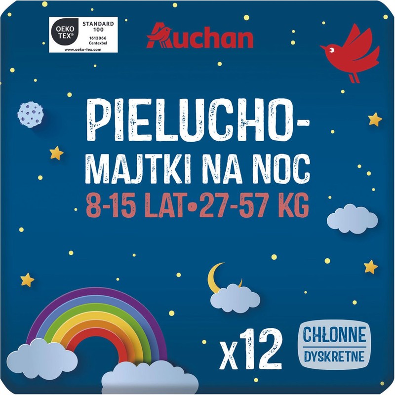 Pieluchomajtki na noc 8-15 lat 27-57 kg Auchan 12 sztuk