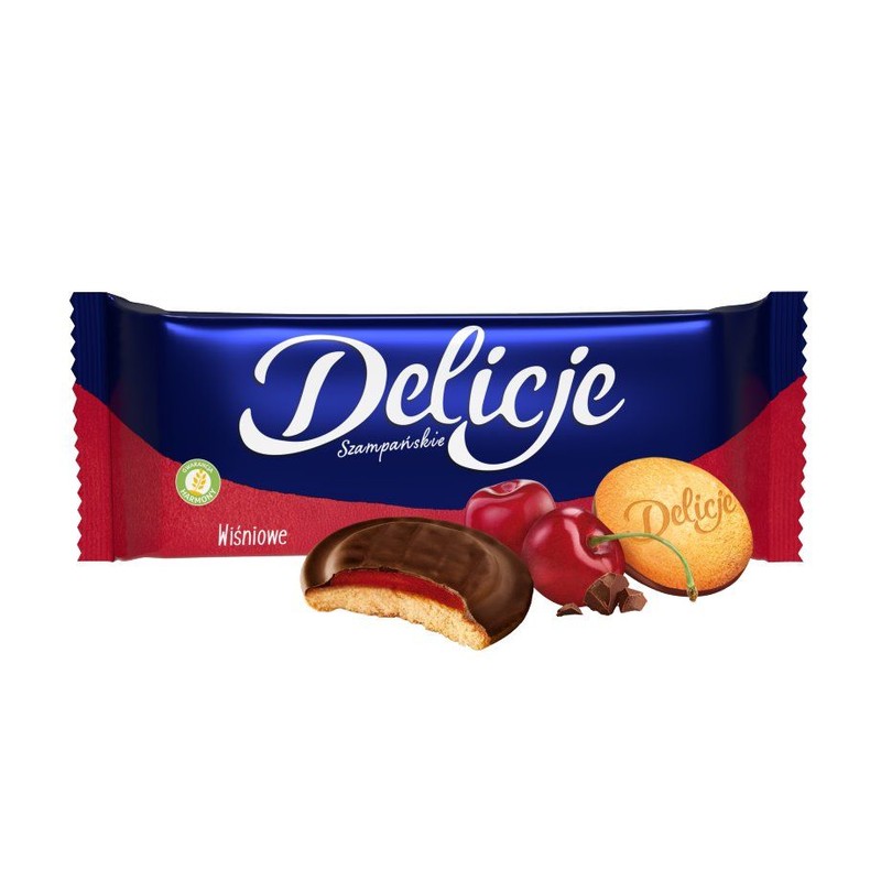 Biszkopty z galaretką wiśniową oblane czekoladą Delicje 147 g