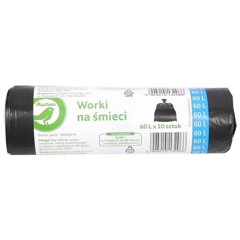 Worki na śmieci 60L Auchan 10 sztuk