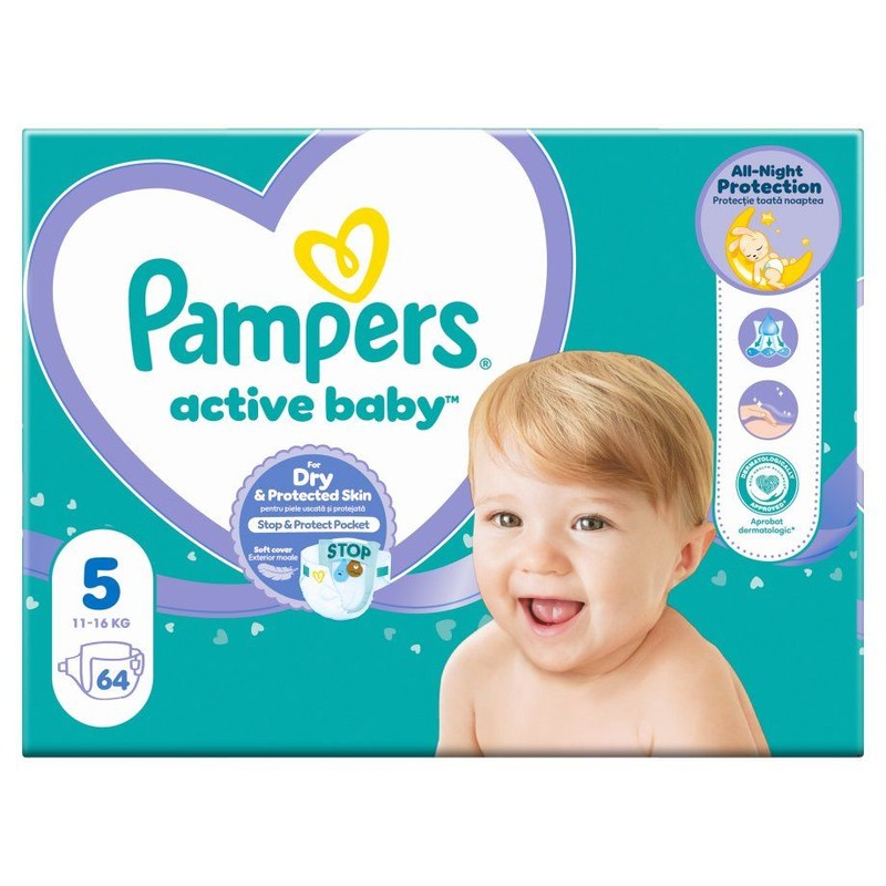 Pieluszki Active Baby 5 11-15 kg Pampers 64 sztuki