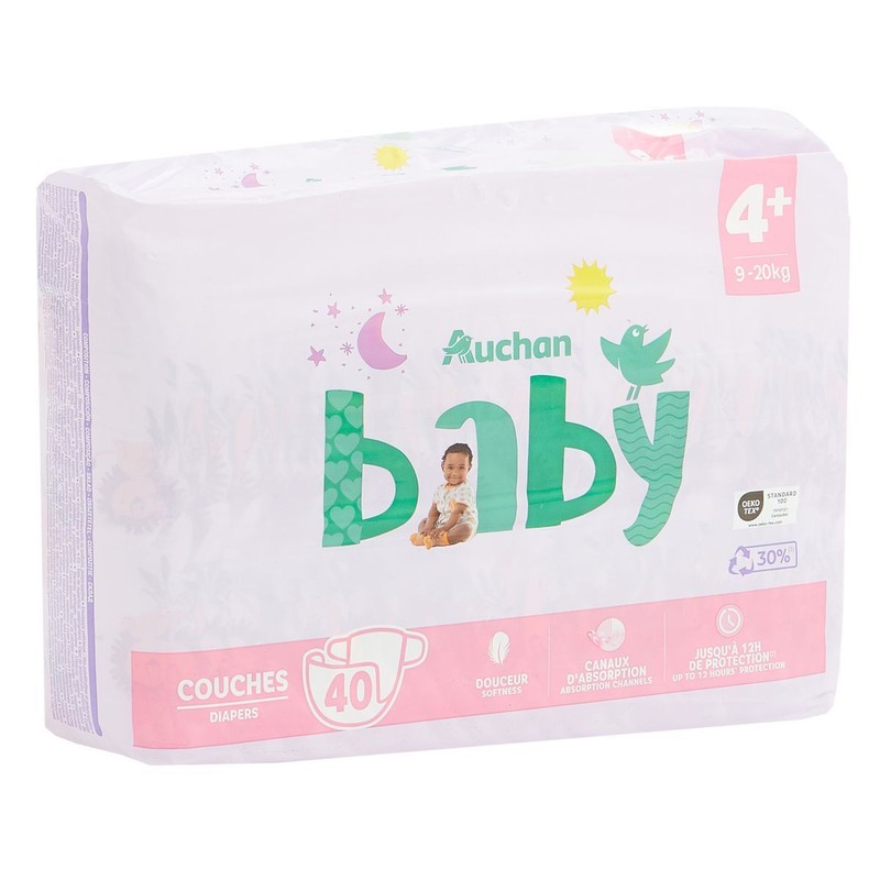 Pieluszki dla niemowląt 4+ 9-20 kg Auchan 40 sztuk