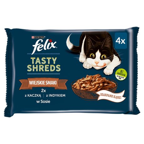 Felix Tasty Shreds Karma dla dorosłych kotów wiejskie smaki w sosie 320 g (4 x 80 g)