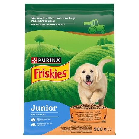 Friskies Junior Karma dla szczeniąt z kurczakiem i warzywami z mlekiem 500 g