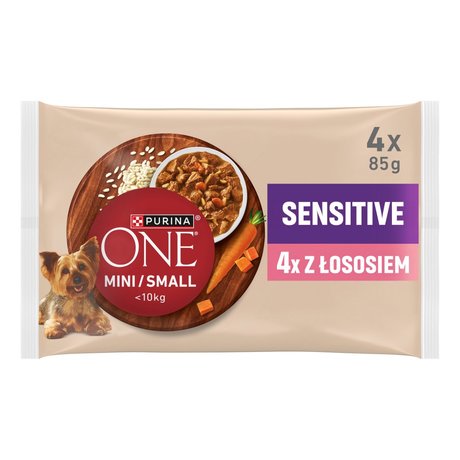 PURINA ONE Sensitive Mini/Small Karma dla psów z łososiem ryżem i marchewką w sosie 340 g (4 x 85 g)