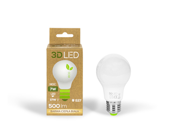 3D LED  Żarówka barwa ciepła A60 7W E27