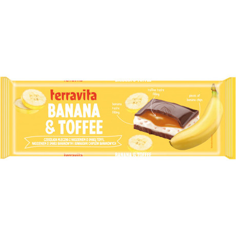 Terravita Czekolada mleczna z nadzieniem o smaku bananowym z kawałkami chipsów bananowych i z nadzieniem o smaku toffi 235 g