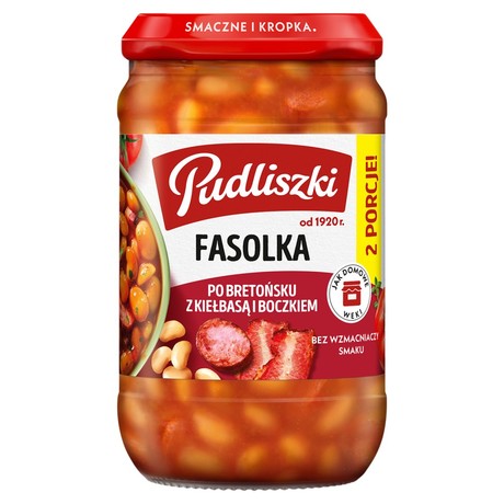 Pudliszki Fasolka po bretońsku z kiełbasą i boczkiem 610 g