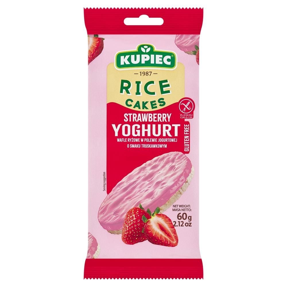 Kupiec Wafle ryżowe w polewie jogurtowej o smaku truskawkowym  60 g (4 sztuki)