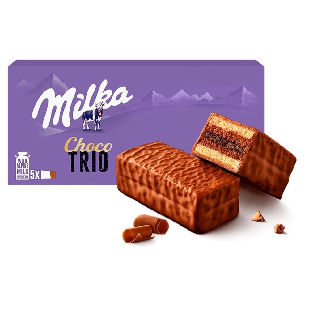 Milka Choco Trio, biszkoptowe ciastka z nadzieniem kakaowym, oblane mleczną czekoladą - 150 g