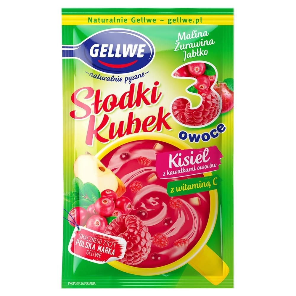 Gellwe Słodki Kubek 3 owoce Kisiel z kawałkami owoców malina żurawina jabłko 30 g