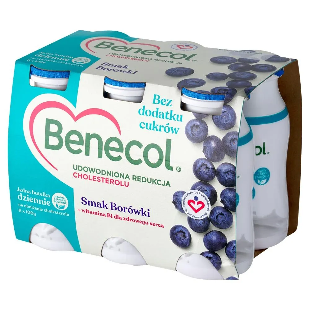 Benecol Napój jogurtowy z dodatkiem stanoli roślinnych smak borówki 600 g (6 x 100 g)