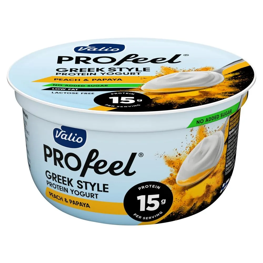 Valio Profeel Wysokobiałkowy jogurt warstwowy z sosem o smaku brzoskwini i papai 160 g