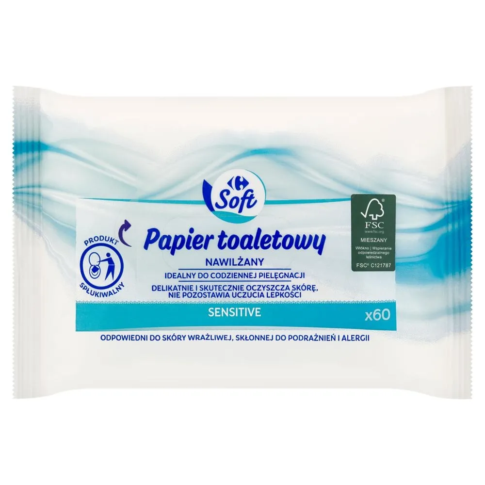 Carrefour Soft Sensitive Papier toaletowy nawilżany 60 sztuk