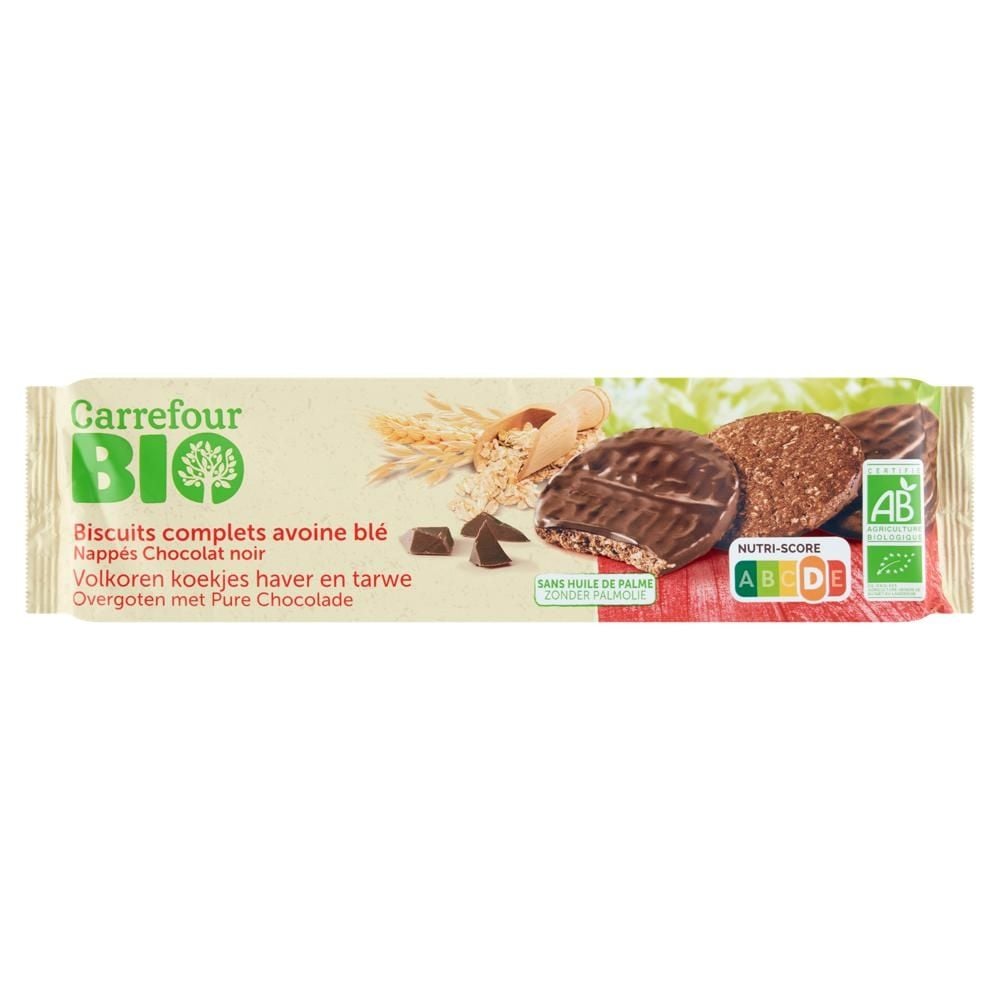 Carrefour Bio Ekologiczne pełnoziarniste ciasteczka owsiano-kakaowe oblane czekoladą 200 g