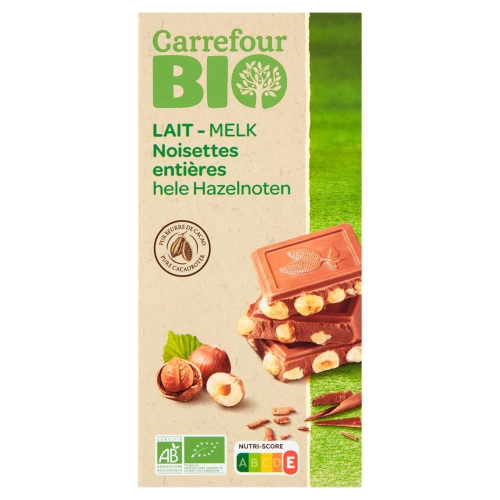 Carrefour Bio Ekologiczna czekolada mleczna z całymi orzechami laskowymi 200 g