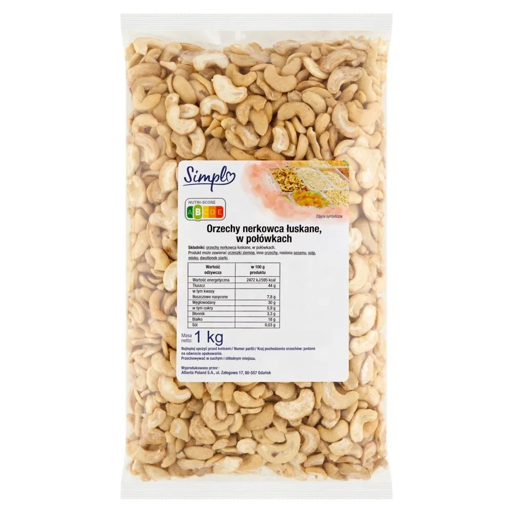 Simpl Orzechy nerkowca łuskane w połówkach 1 kg