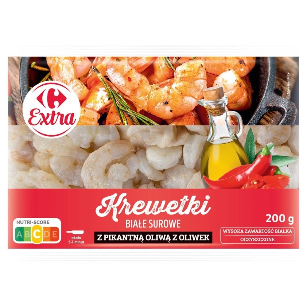 Carrefour Extra Krewetki białe surowe z pikantną oliwą z oliwek 200 g