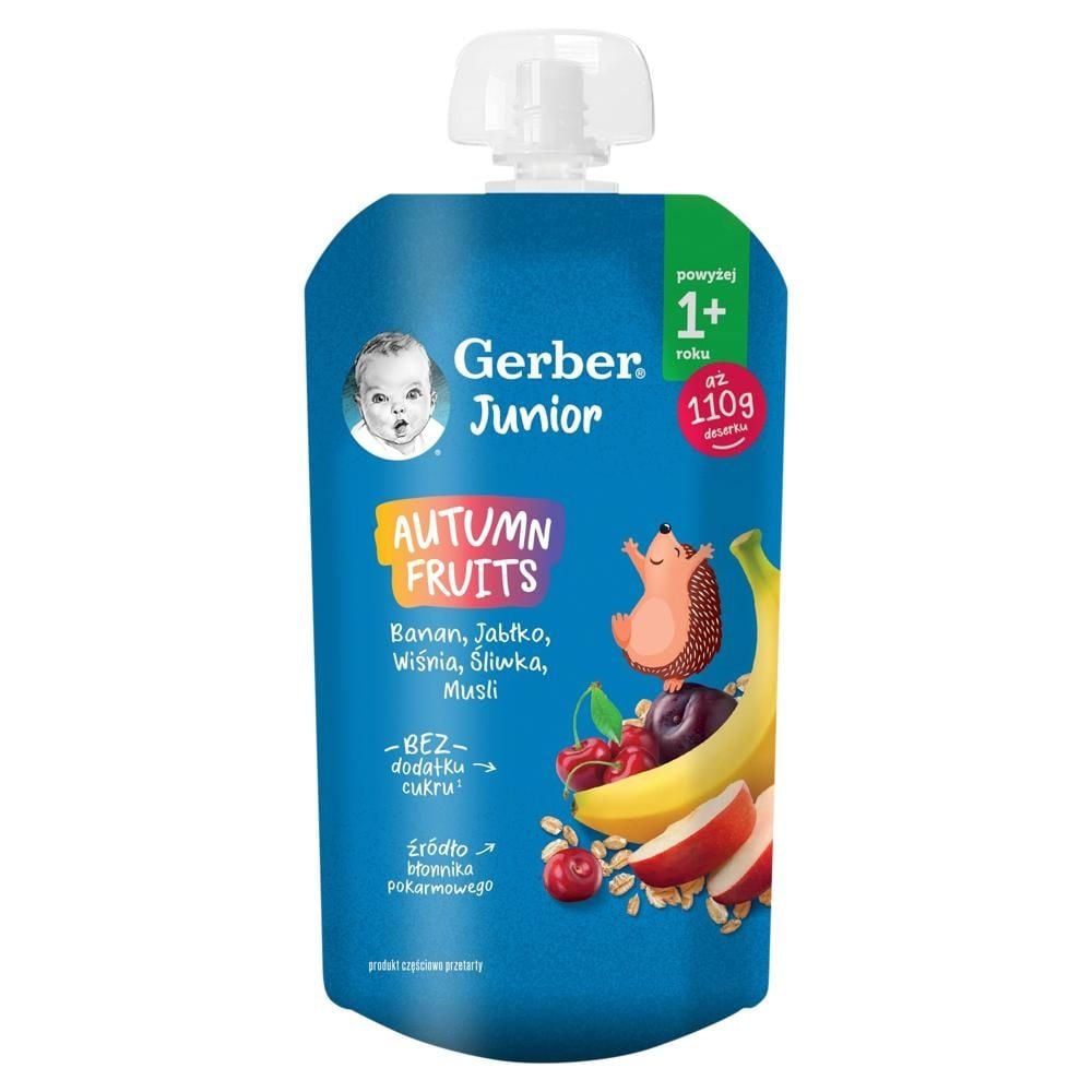 Gerber Junior Autumn Fruits Deserek banan jabłko wiśnia śliwka musli powyżej 1+ roku 110 g
