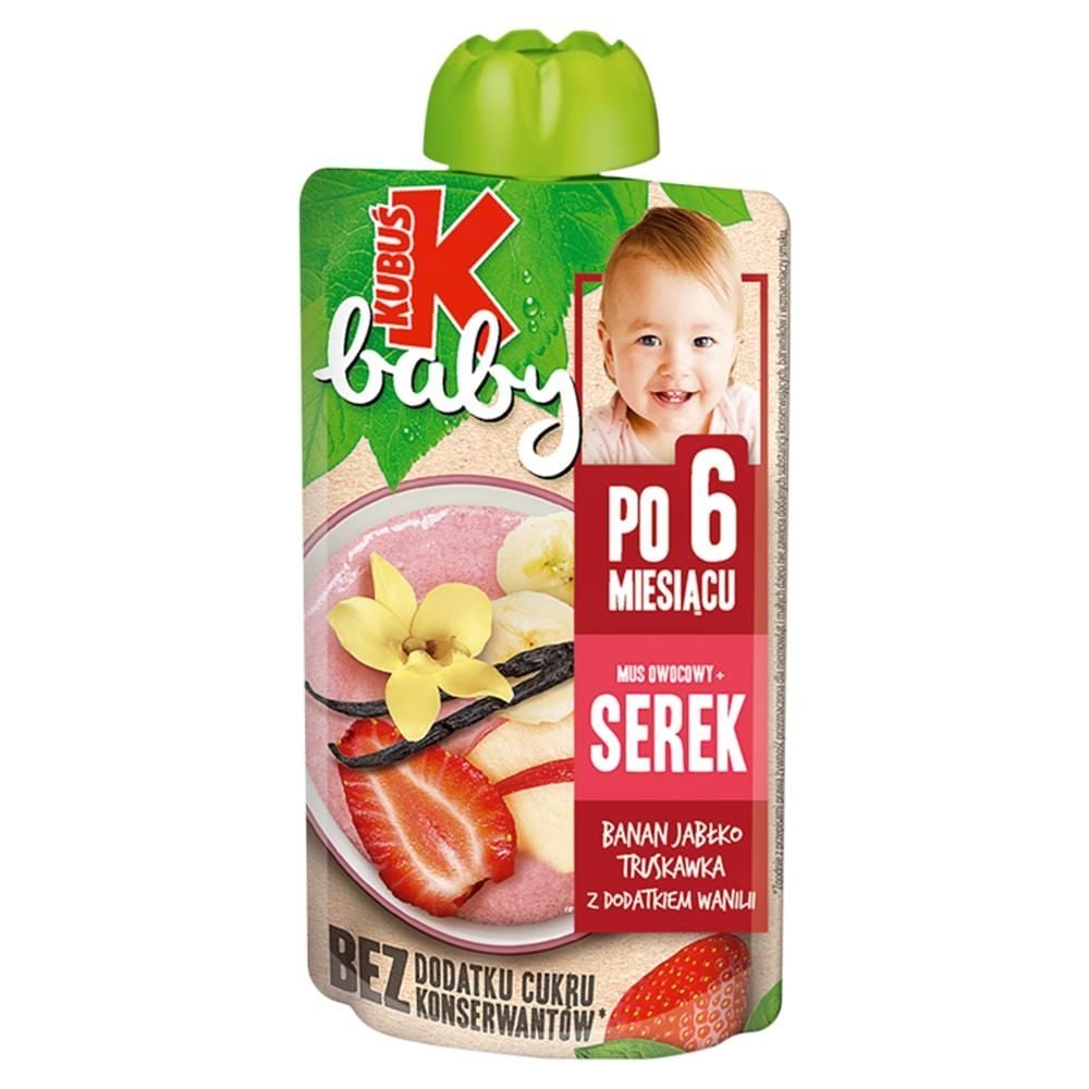 Kubuś Baby Mus owocowy + serek po 6 miesiącu banan jabłko truskawka z dodatkiem wanilii 100 g