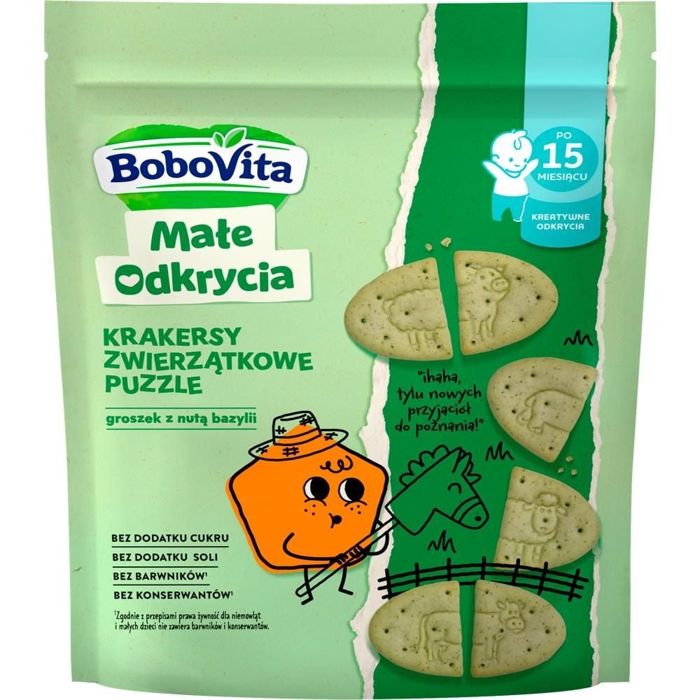 BoboVita Małe Odkrycia Krakersy zwierzątkowe puzzle groszek z nutą bazylii po 15 miesiącu 105 g