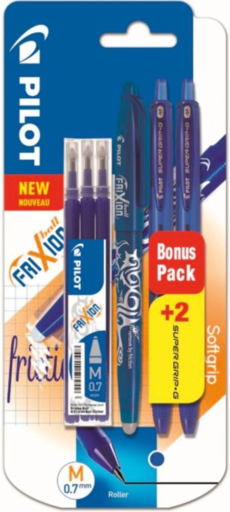 Pilot Zestaw pióro kulkowe niebieskie Frixion Ball 0,7mm + wkład wymienny Frixion Ball 0,7mm niebieski 3szt + długopis automatyczny niebieski Super Grip G 0,7mm 2szt