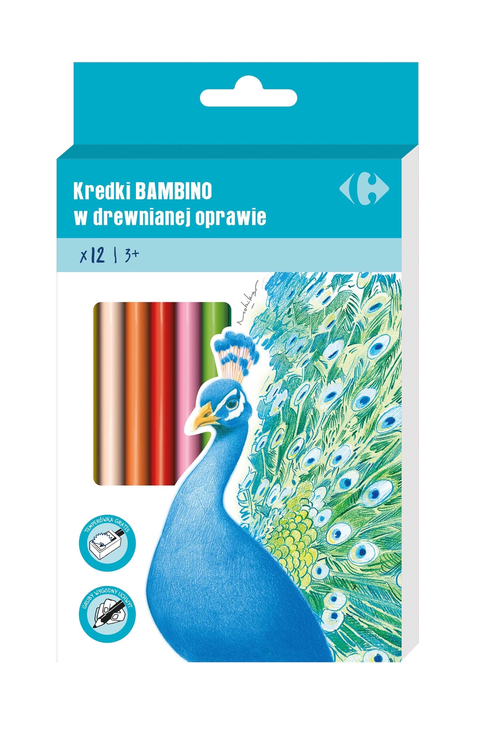 Kredki BAMBINO w opr. drew. 12 kol.15 cm + temperówka CARREFOUR