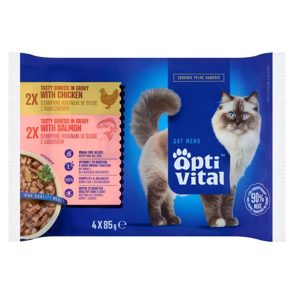 Optivital Cat Menu Karma dla dorosłych kotów szarpane kawałki w sosie 340 g (4 x 85 g)