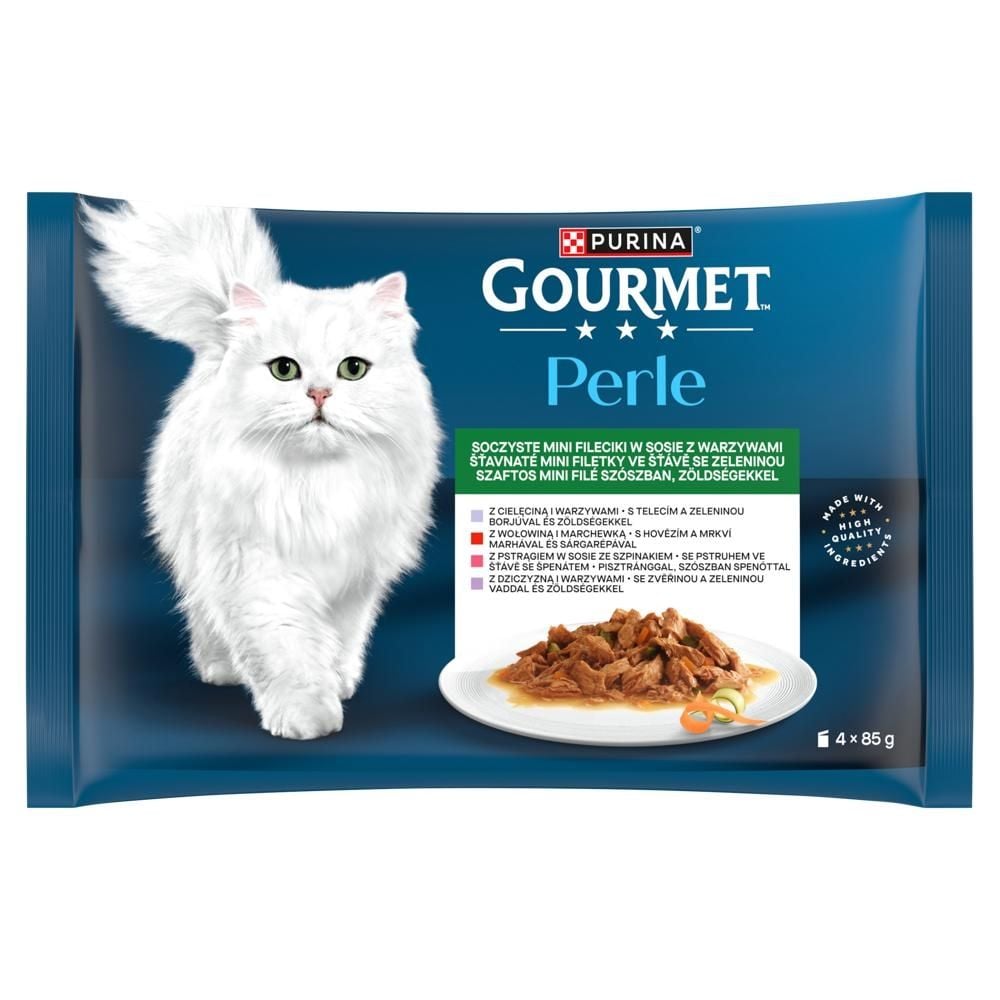 Gourmet Perle Karma dla dorosłych kotów soczyste mini fileciki w sosie z warzywami 340 g (4 x 85 g)