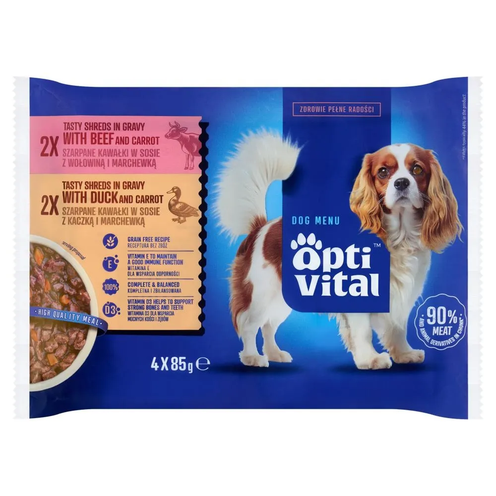 Optivital Dog Menu Karma dla dorosłych psów szarpane kawałki w sosie 340 g (4 x 85 g)