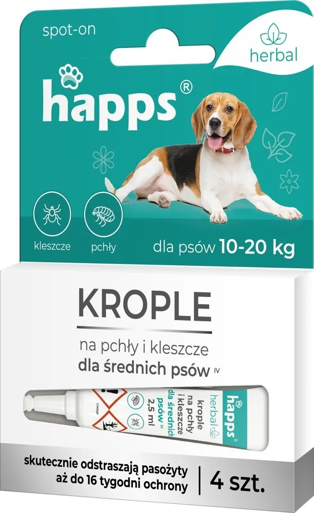 Happs Herbal - krople na pchły i kleszcze dla średnich psów 10 - 20kg (4 szt.)