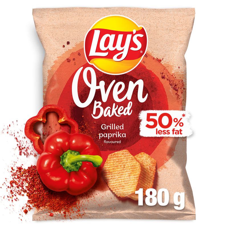 Pieczone formowane chipsy ziemniaczane o smaku grillowanej papryki.