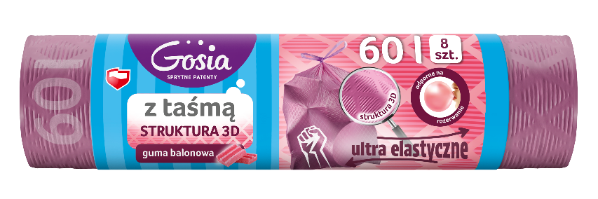 Worki na śmieci z taśmą 3D moletowane 60L 8 szt. różowe zapachowe