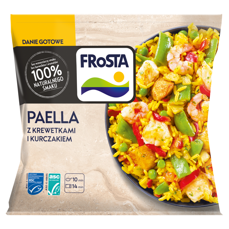 Paella danie z krewetkami i kurczakiem po hiszpańsku mrożona