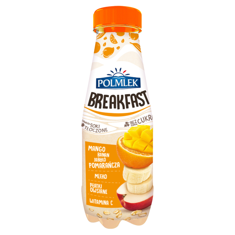 Breakfast mango-banan-jabłko-pomarańcza z płatkami owsianymi i mlekiem