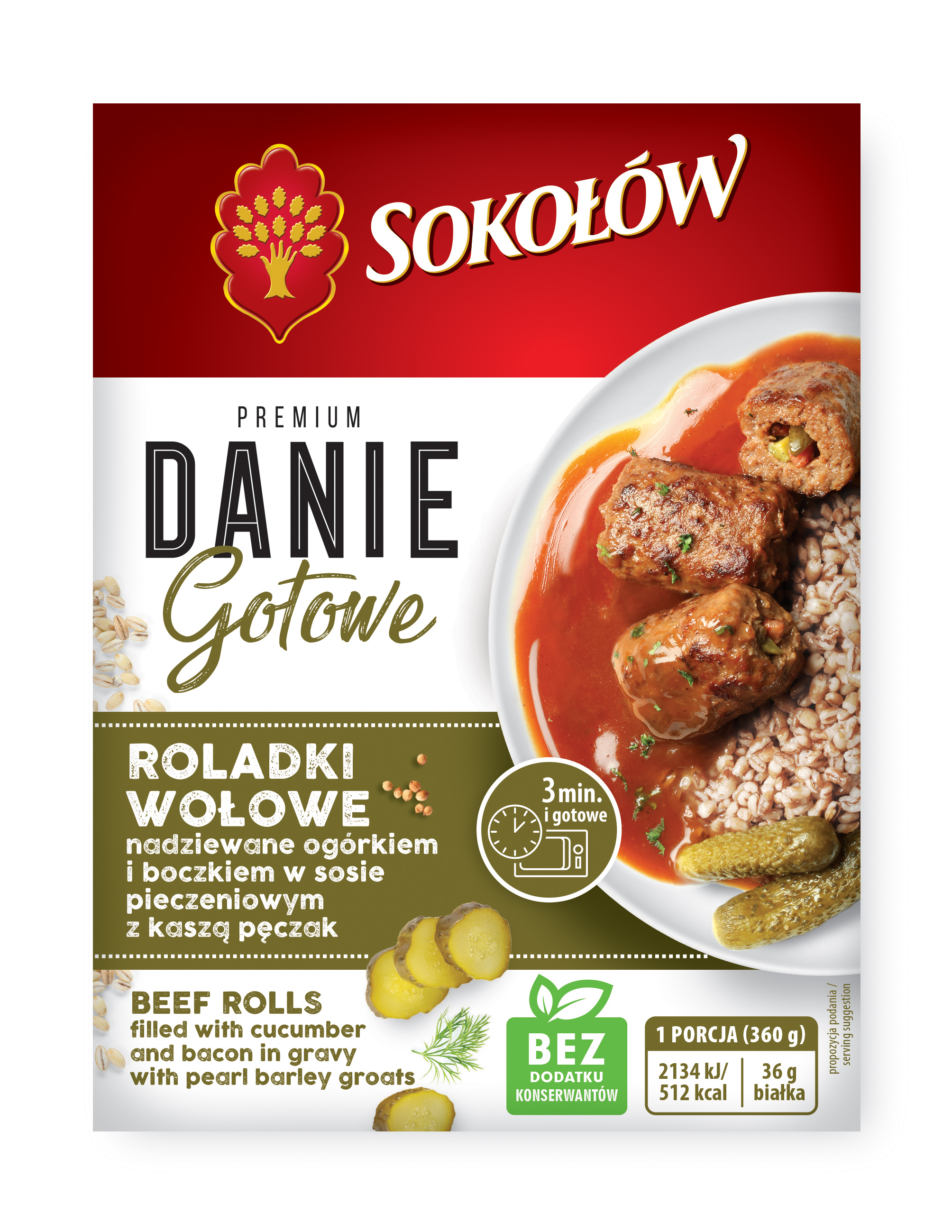 Roladki wołowe nadziewane ogórkiem i boczkiem w sosie pieczeniowym z kaszą pęczak