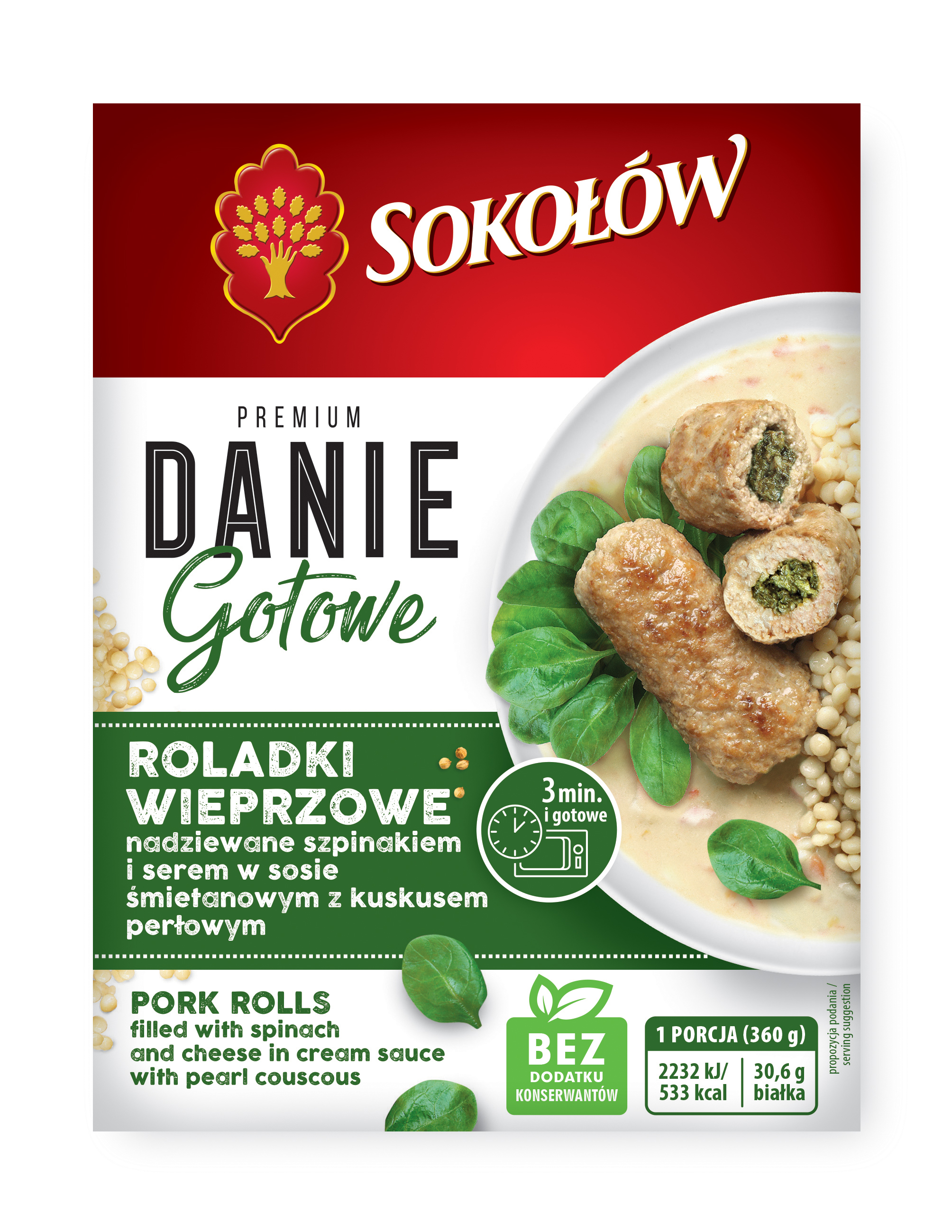 Roladki wieprzowe nadziewane szpinakiem i serem w sosie śmietanowym z kuskusem perłowym