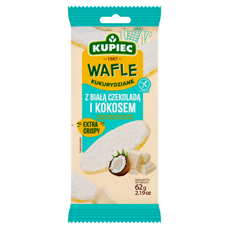 Wafle kukurydziane z czekoladą białą i wiórkami kokosowymi